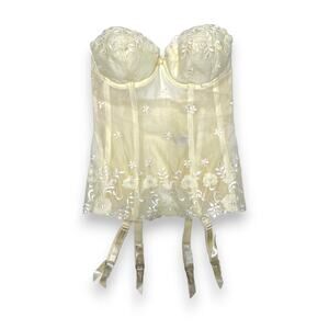 Vintage Felina Lingerie Ivory Embroidered Lace Bustier 32C Corset w/ Garters